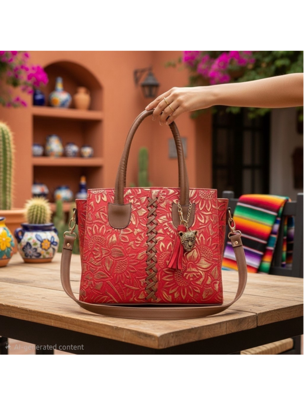 Leopard Coral Orange Red Cross Stitch Embossed Tooled Artisan LEATHER Purse